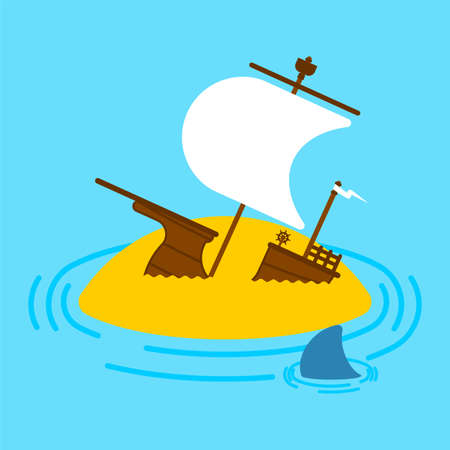Sunken ship on island. Shipwreck vector illustrationのイラスト素材