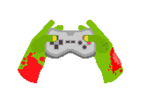 Zombie hands and joystick pixel art. 8 bit Zombie plays on gamepad.のイラスト素材
