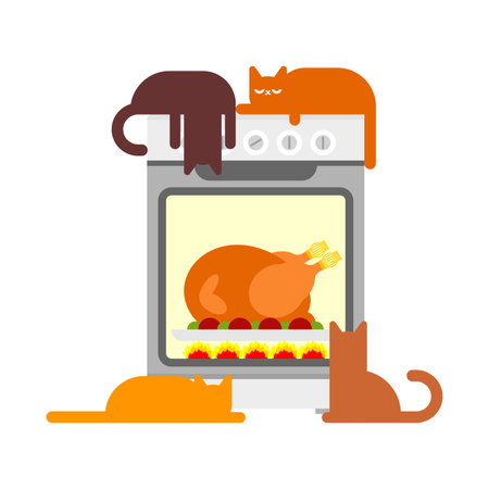 Cats and Turkey in kitchen oven. Preparing family Thanksgiving dinner. Festive traditional foodのイラスト素材