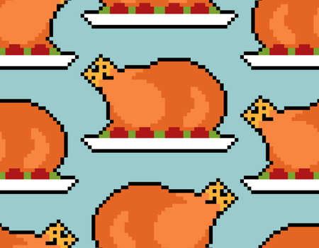 Roasted Turkey pixel art pattern seamless. pixelated Roast background. 8 bit vector textureのイラスト素材
