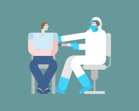 Doctor in protective suit is vaccinating. Vaccination against coronavirus. vector illustrationのイラスト素材