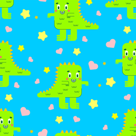 Cute Dinosaur tyrannosaurus pattern seamless. Cartoon dino t-rex background. Baby fabric textureのイラスト素材