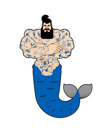 Mermaid man isolated. Brutal underwater dweller. vector illustrationのイラスト素材