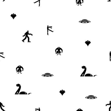 Paranormal monsters pattern seamless. Werewolf and zombies. UFO and Yeti. Loch Ness monster and ghost. monster backgroundのイラスト素材
