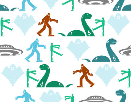 Paranormal monsters pattern seamless. Werewolf and zombies. UFO and Yeti. Loch Ness monster and ghost. monster backgroundのイラスト素材