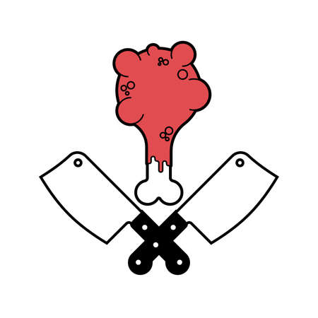 Butcher logo. Meat and knife. Meatman sign. Ham and knives.のイラスト素材