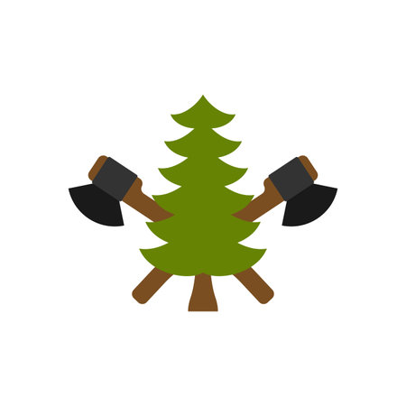 Lumberjack logo Wood and ax. feller sign Christmas tree and axesのイラスト素材