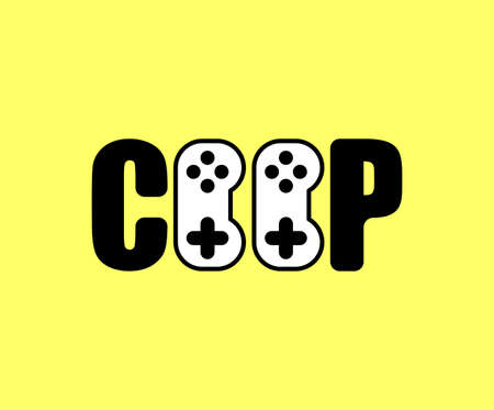 Coop game logo. Cooperative game sign. Video game icon for two joysticks. Play together together.