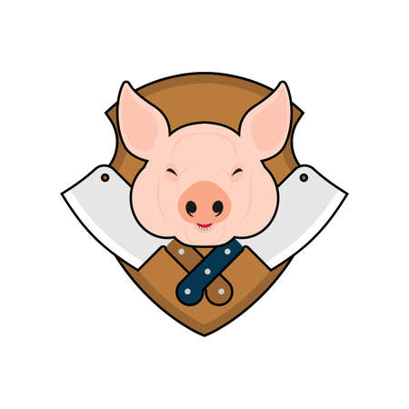 Butcher logo. Pig head and knife. Meatman sign. Ham and knives.のイラスト素材
