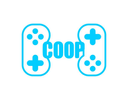 Coop game logo. Cooperative game sign. Video game icon for two joysticks. Play together together.