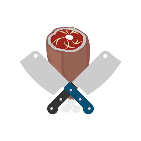 Butcher logo. Meat and knife. Meatman sign. Ham and knives.のイラスト素材