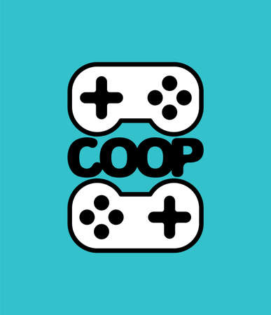 Coop game logo. Cooperative game sign. Video game icon for two joysticks. Play together together.