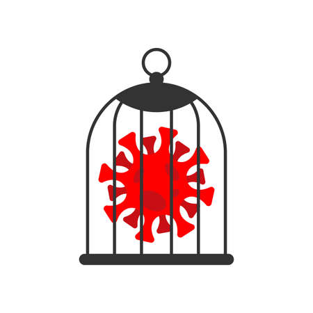 Coronavirus in cage. Red virus behind bars. Covid-19 cell isolationのイラスト素材