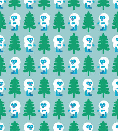 Cute yeti in forest pattern seamless. small bigfoot cartoon background. Baby fabric textureのイラスト素材