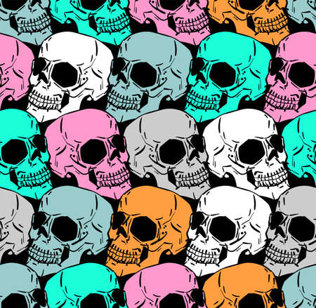 Colored Skull pattern seamless. Hand drawing Multicolored Skeleton head background. Death texture. Skulls ornamentのイラスト素材