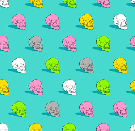 Colored Skull pattern seamless. Hand drawing Multicolored Skeleton head background. Death texture....