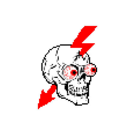 Skull and lightning sign of danger pixel art. Security symbol 8 bit. Danger! Keep out pixelatedのイラスト素材
