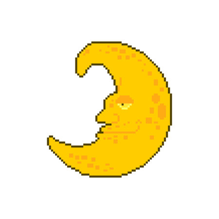 Crescent face pixel art. 8 bit Moon With Face. pixelated Vector illustrationのイラスト素材