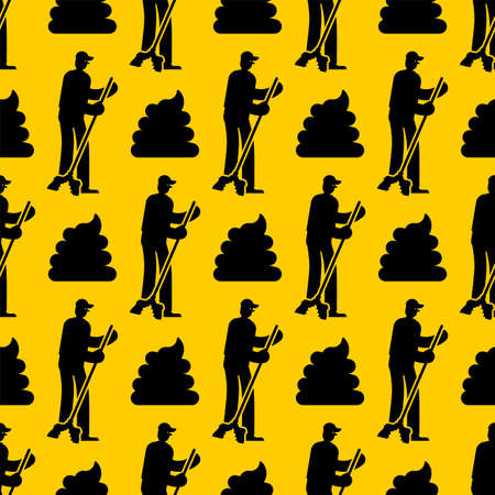 Cleaner with broom cleans shit pattern seamless. Janitor backgroundのイラスト素材