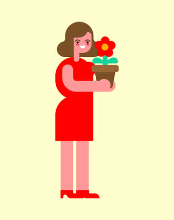 Cheerful woman with flower in pot. vector illustrationのイラスト素材