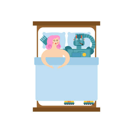 Sex robot man. Cyborg for sex. In bed with robot. Sex of the future. Woman and robot in bed.のイラスト素材