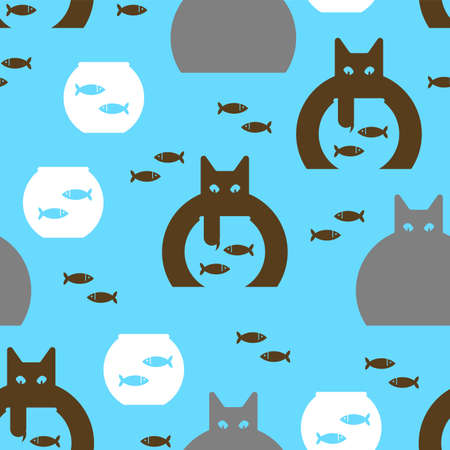 Cat and aquarium pattern seamless. Cat watching fish in aquarium background. baby fabric textureのイラスト素材