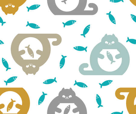Cat and aquarium pattern seamless. Cat watching fish in aquarium background. baby fabric textureのイラスト素材