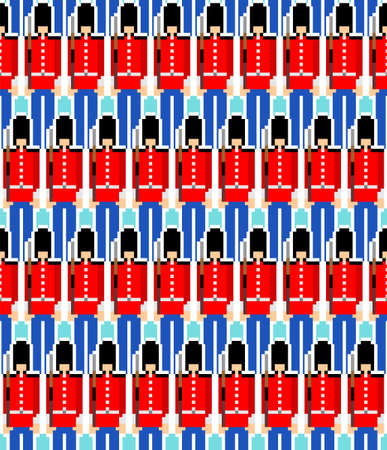 Beefeater British Royal Guardsman pixel art pattern seamless. 8 bit sentry grenadier in bear hat background. pixelated vector textureのイラスト素材