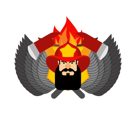 Firefighter in helmet sign. Fire ax and flame. fire department symbol. fireman logoのイラスト素材