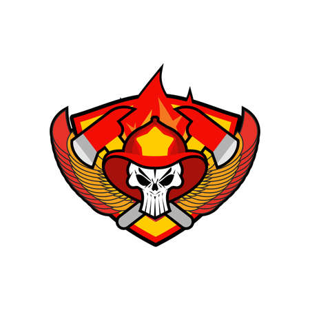 Firefighter Skull in helmet sign. Fire ax and flame. fire department symbol. fireman logoのイラスト素材