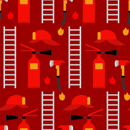 Firefighter set pattern seamless. Fire extinguisher and ax background. ladder and fireman helmet textureのイラスト素材