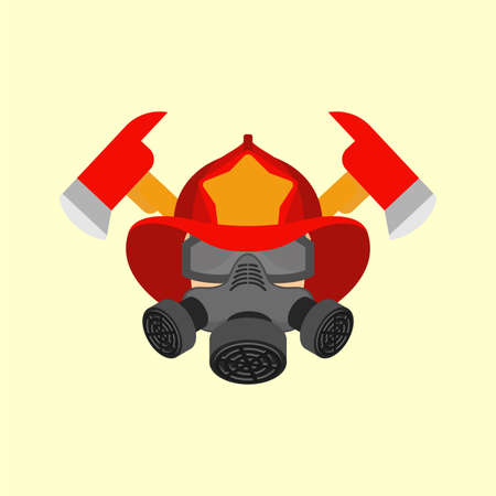 Firefighter in helmet sign. Fire ax and flame. fire department symbol. fireman logoのイラスト素材