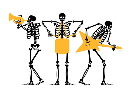 Skeleton rock band. Skeleton and guitar. dead man and drum. Skeleton and trumpetのイラスト素材