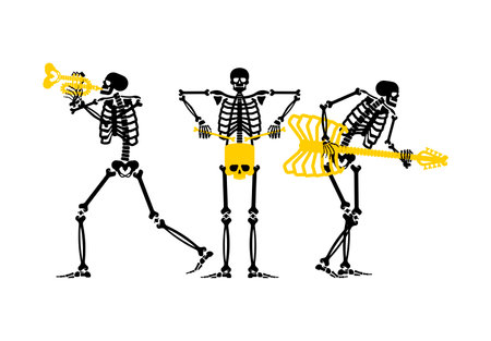 Skeleton rock band. Skeleton and guitar. dead man and drum. Skeleton and trumpet
