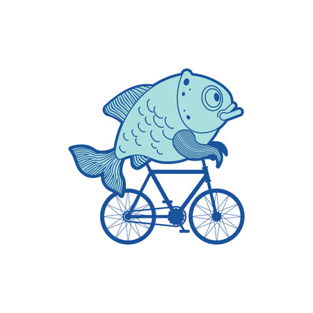 fish on bike. Carp on bicycle Cartoon. vector illustrationのイラスト素材