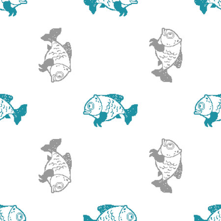 Fish Pixel art Pattern seamless. 8 bit Carp Background. pixelated vector textureのイラスト素材