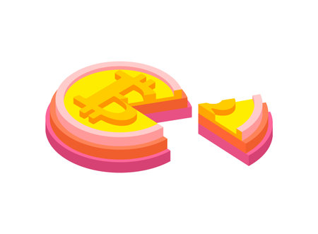 Bitcoin cake and piece of pie. concept of cutting off part of cryptocurrencyのイラスト素材