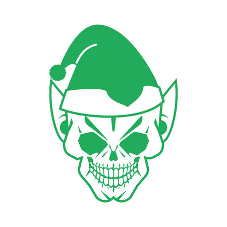 christmas elf skull. Santa's helper skeleton head. Christmas and New Year scary illustration.のイラスト素材