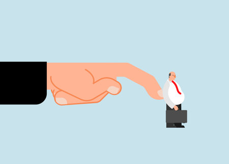 Huge hand pushes worker. Concept of dismissal from the officeのイラスト素材