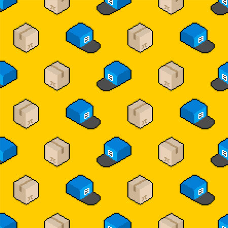 Parcel box and postman cap pattern seamless. Concept funny box to send backgroundのイラスト素材