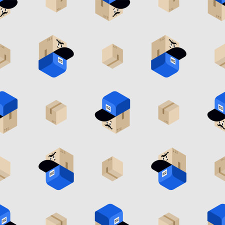 Parcel box and postman cap pattern seamless. Concept funny box to send backgroundのイラスト素材