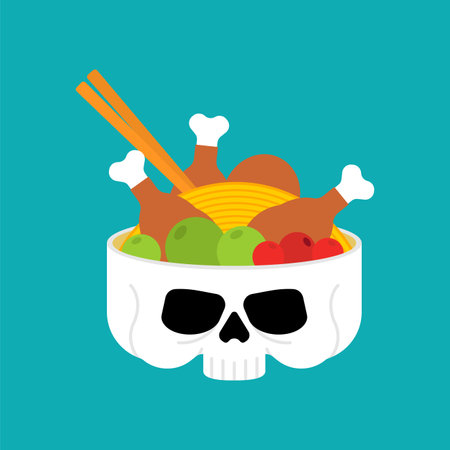 Noodles in skull. Skeleton head plate isolated. Ramen in Skullのイラスト素材