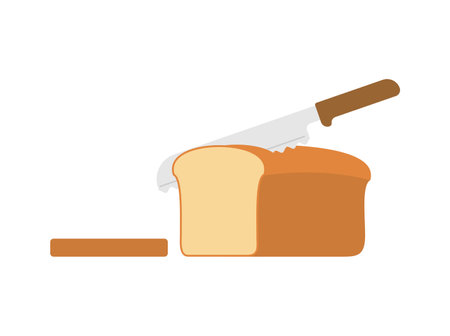 Knife cuts bread. Loaf of Bread and pieceの写真素材