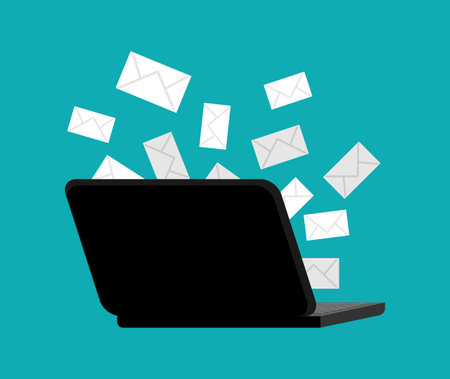 emails and computer. Letters are flying out of the laptop. The concept of incoming emailのイラスト素材