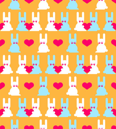 Cute rabbits and love pattern seamless. Hares and heart background. Baby fabric textureのイラスト素材