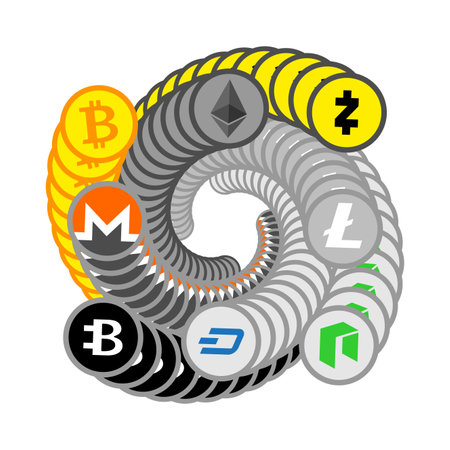 Cryptocurrency set. Bitcoin and Ethereum, Monero and Litecoin.のイラスト素材