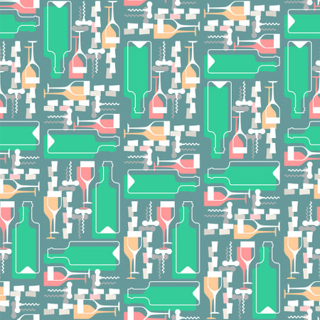 Wine Pattern seamless. Bottle of liquor and glass of wine and corkscrew Background. Ornament for Liquor storeのイラスト素材