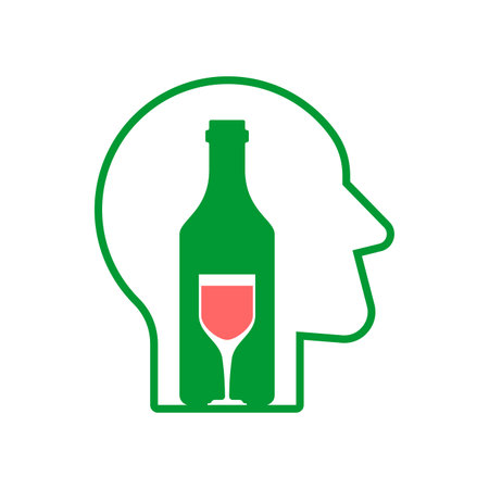Alcoholism sign. Man and alcohol bottle icon. Concept illustration of logo Human and wine. Incurable diseaseのイラスト素材
