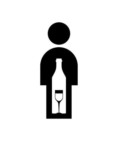 Alcoholism sign. Man and alcohol bottle icon. Concept illustration of logo Human and wine. Incurable diseaseのイラスト素材