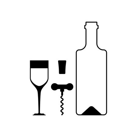 Wine bottle and glass sign set. Corkscrew symbol iconのイラスト素材
